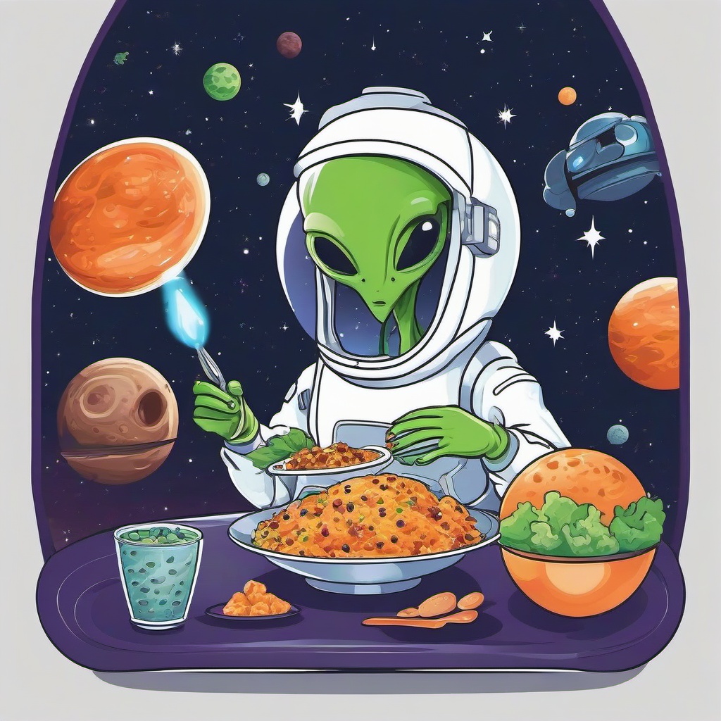 Alien eating space food clipart.  vector style illustration, white background