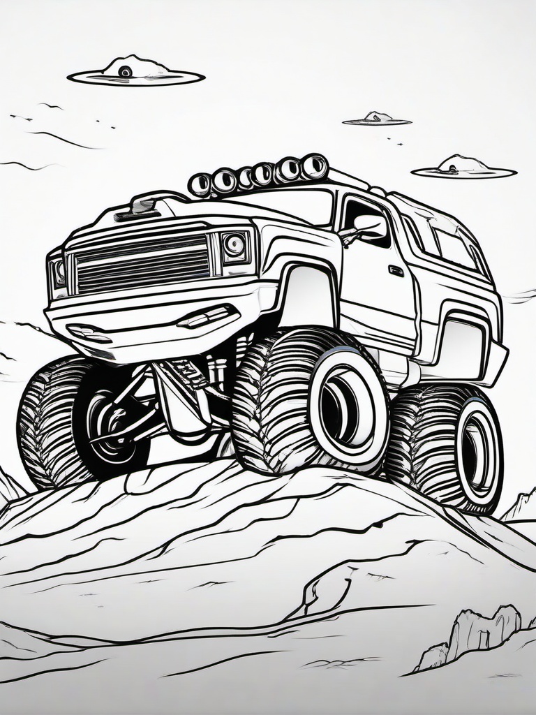 Monster Truck with Alien Design Coloring Pages - Extraterrestrial-Themed Trucks in Action  minimal black outline printable sheet, coloring page