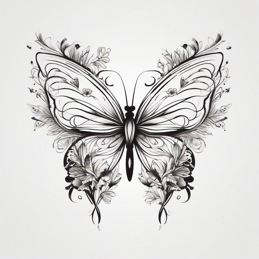 Floral Butterfly Tattoo - Tattoo combining floral elements with a butterfly motif.  simple color tattoo,minimalist,white background