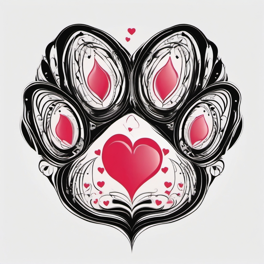 Cat paw with heart-shaped pads design: Symbol of love imprinted in the art of ink.  color tattoo style, white background