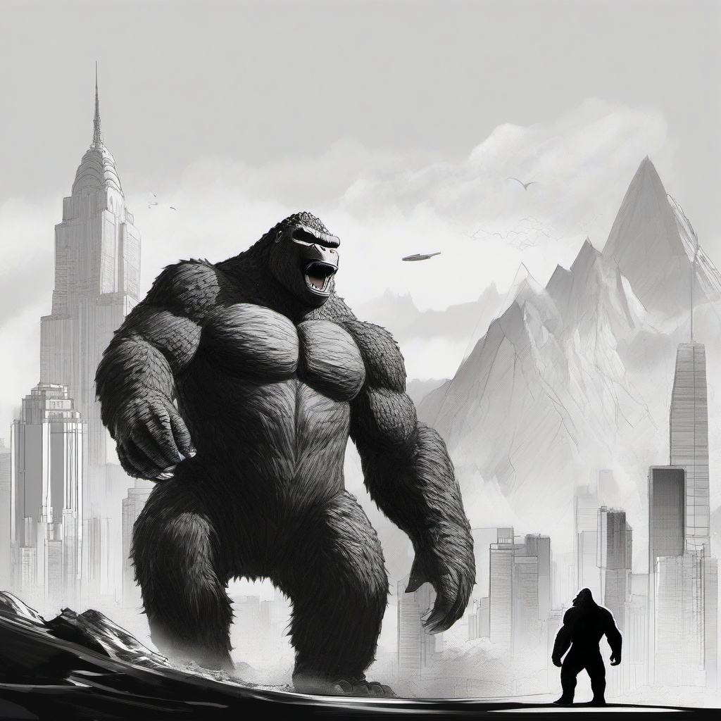 drawing of Godzilla and King Kong  minimal rough sketch scribbles,doodles,black and white