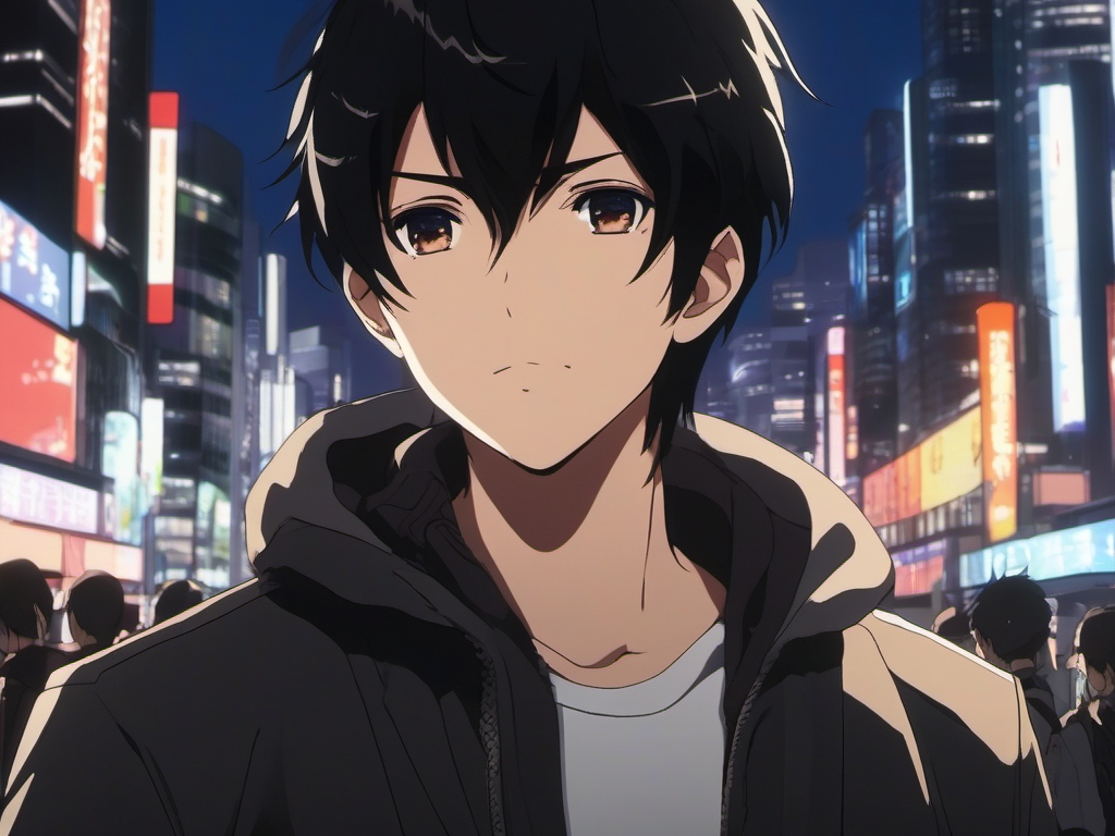 Front facing face, boy with black hair, round eyes in a bustling cityscape.  close shot of face, face front facing, profile picture, anime style