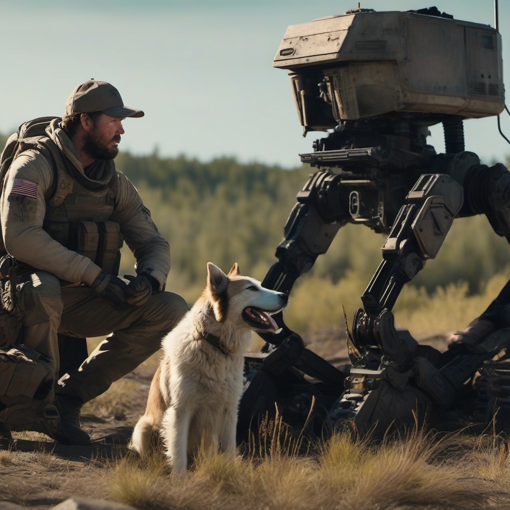 In a post-apocalyptic world, lone survivor befriends a stray robot dog, forming an unbreakable bond.  8k, hyper realistic, cinematic