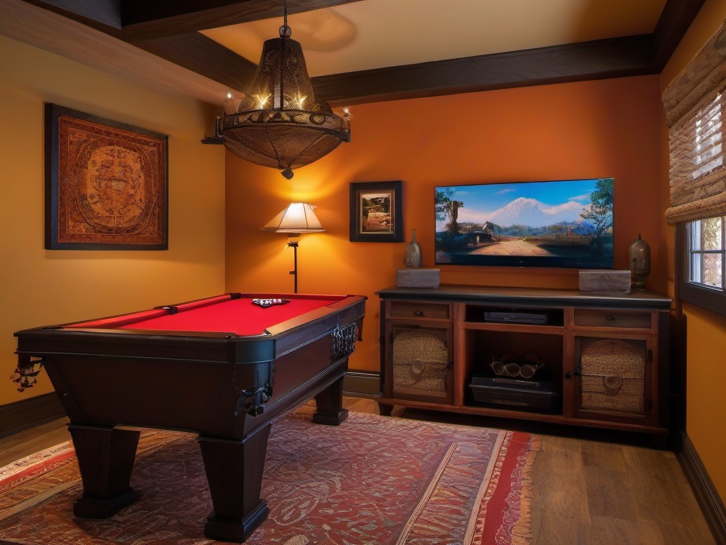 Spanish Revival gamer room incorporates warm colors, rustic furniture, and decorative accents for a vibrant and inviting gaming atmosphere.  