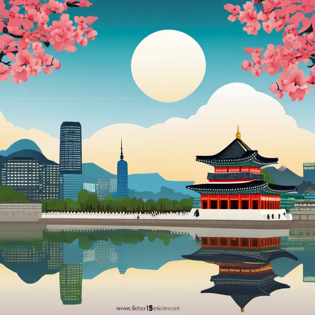 Seoul clipart - Gyeongbokgung Palace and Seoul skyline,  color vector clipart