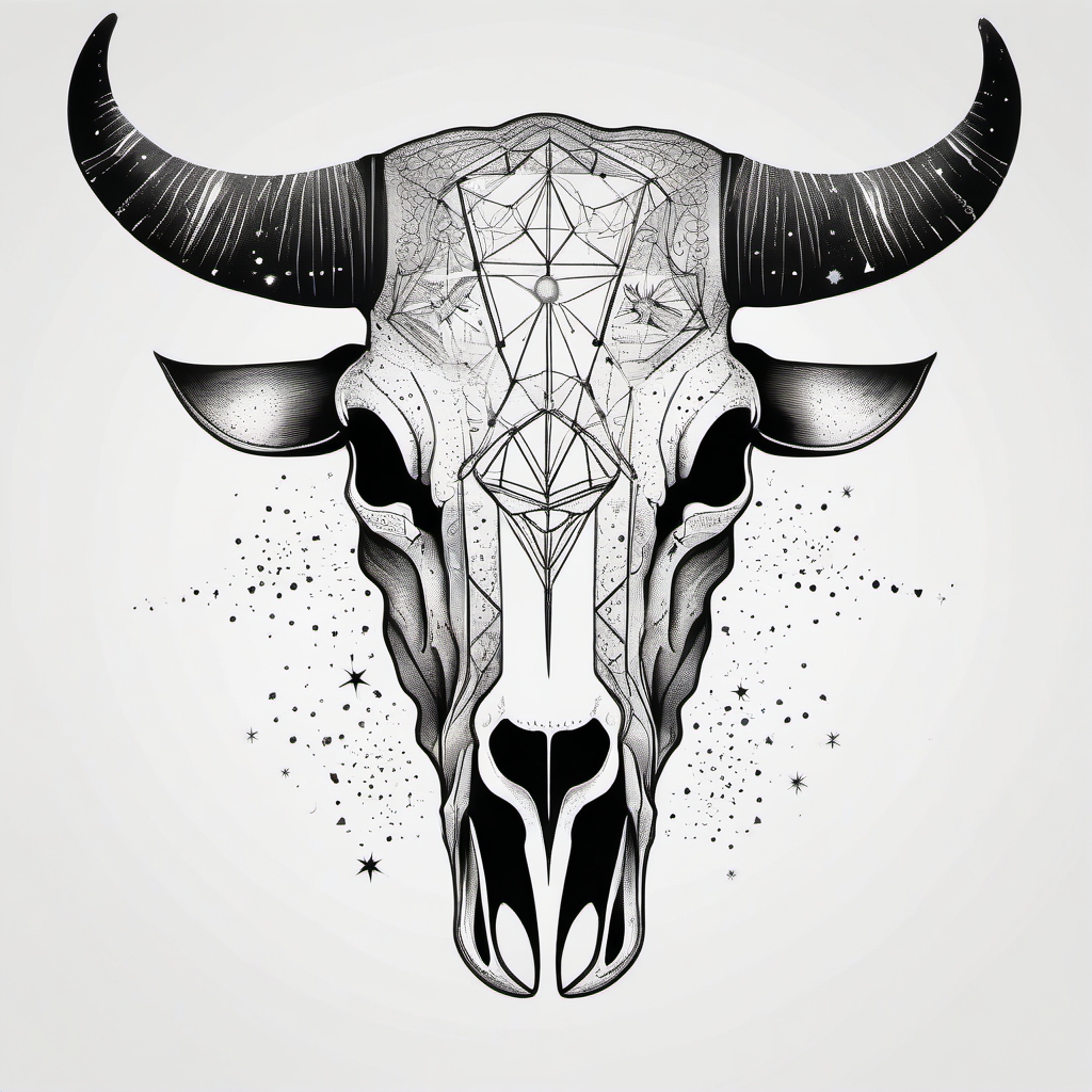 Bull skull with cosmic constellations ink. Celestial tribute to the wild.  minimalist black white tattoo style