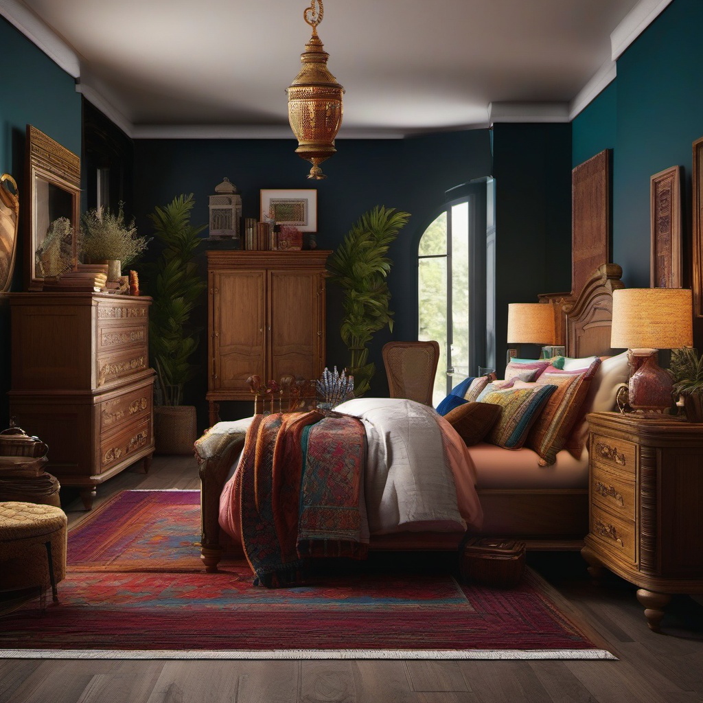 Antique Bazaar Vibes Bedroom - Add the charm of an antique bazaar to your bedroom decor. , bedroom interior decor design ideas, multicoloured, photo realistic, hyper detail, high resolution,