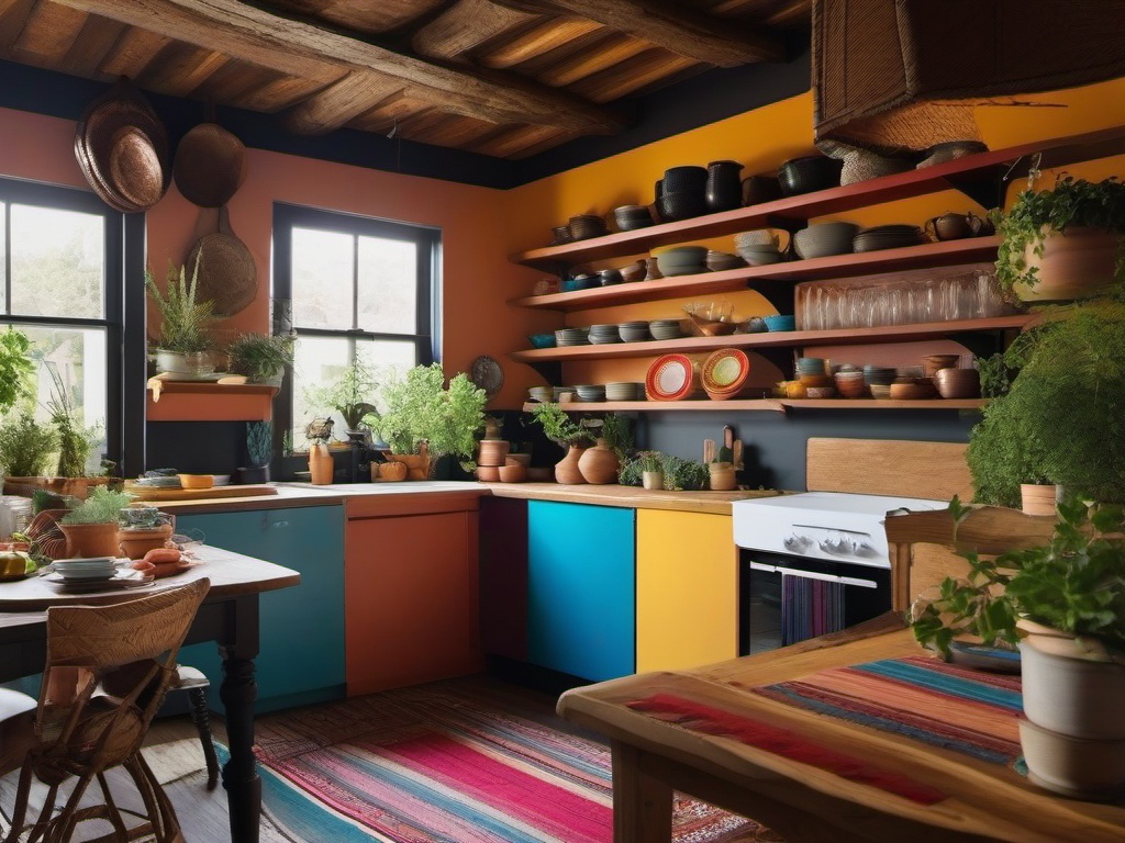 Bohemian kitchen is adorned with colorful dishware, eclectic textiles, and potted herbs, making it a lively and inviting space for cooking.  