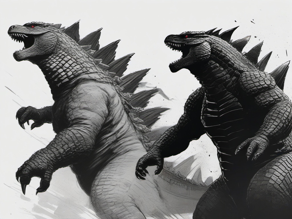 drawing of Godzilla in a battle  minimal rough sketch scribbles,doodles,black and white