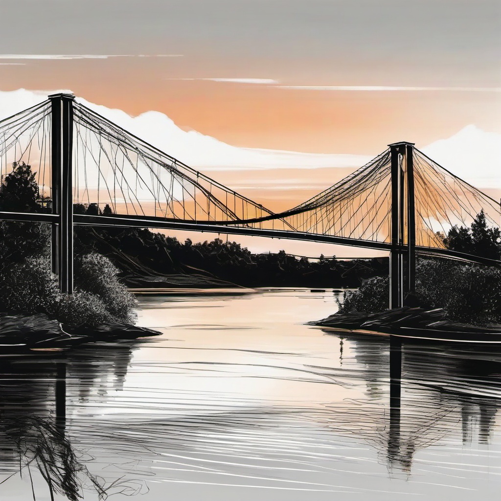 drawing of a suspension bridge at sunset  minimal rough sketch scribbles,doodles,black and white