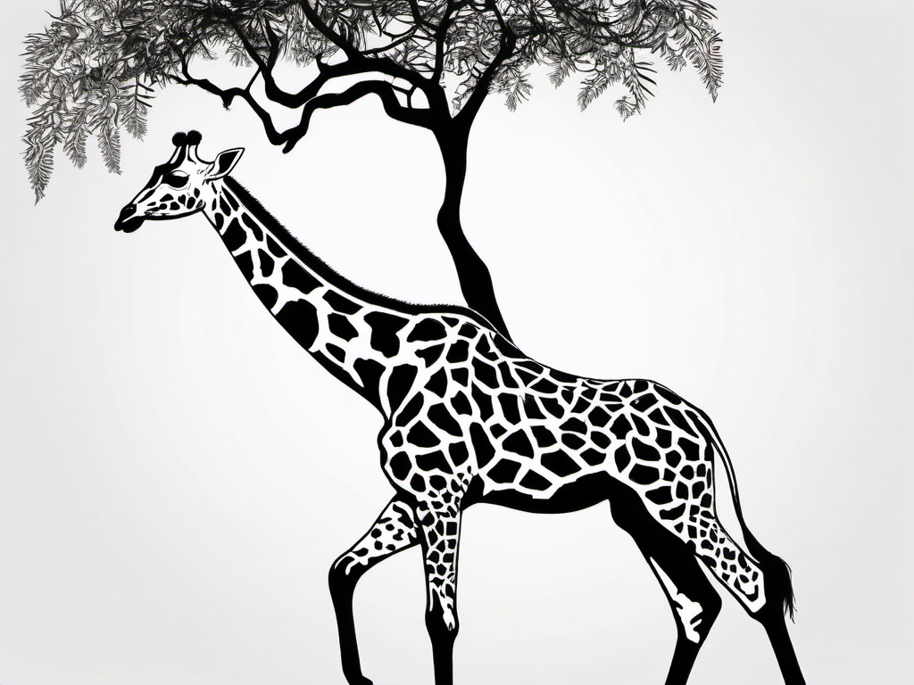 Giraffe Tattoo - Graceful giraffe stretching to reach leaves in a tall tree  few color tattoo design, simple line art, design clean white background