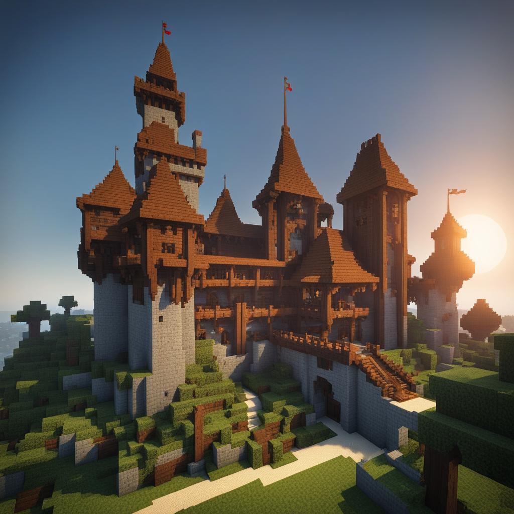 medieval-style castle complete with towering turrets and a drawbridge - minecraft house ideas minecraft block style