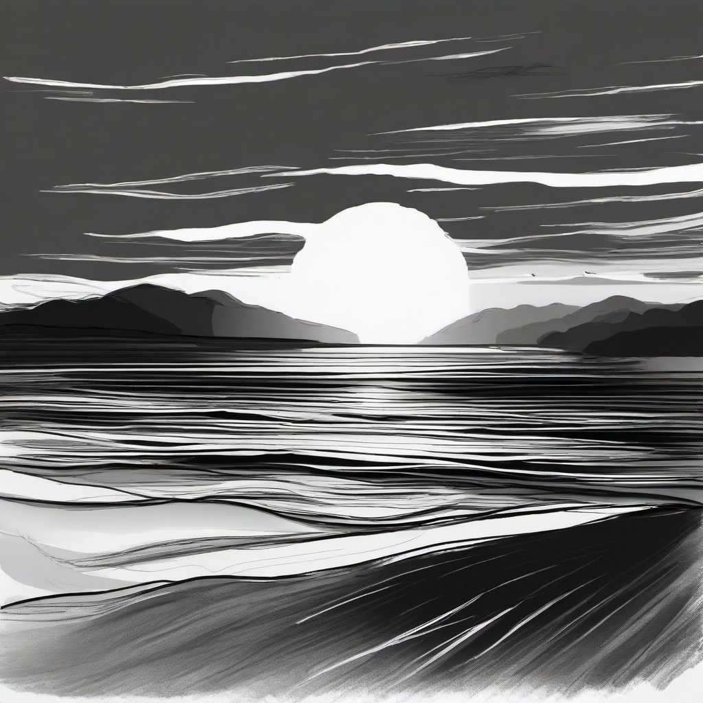 drawing of sunset on beach  minimal rough scribbles,doodles,black and white