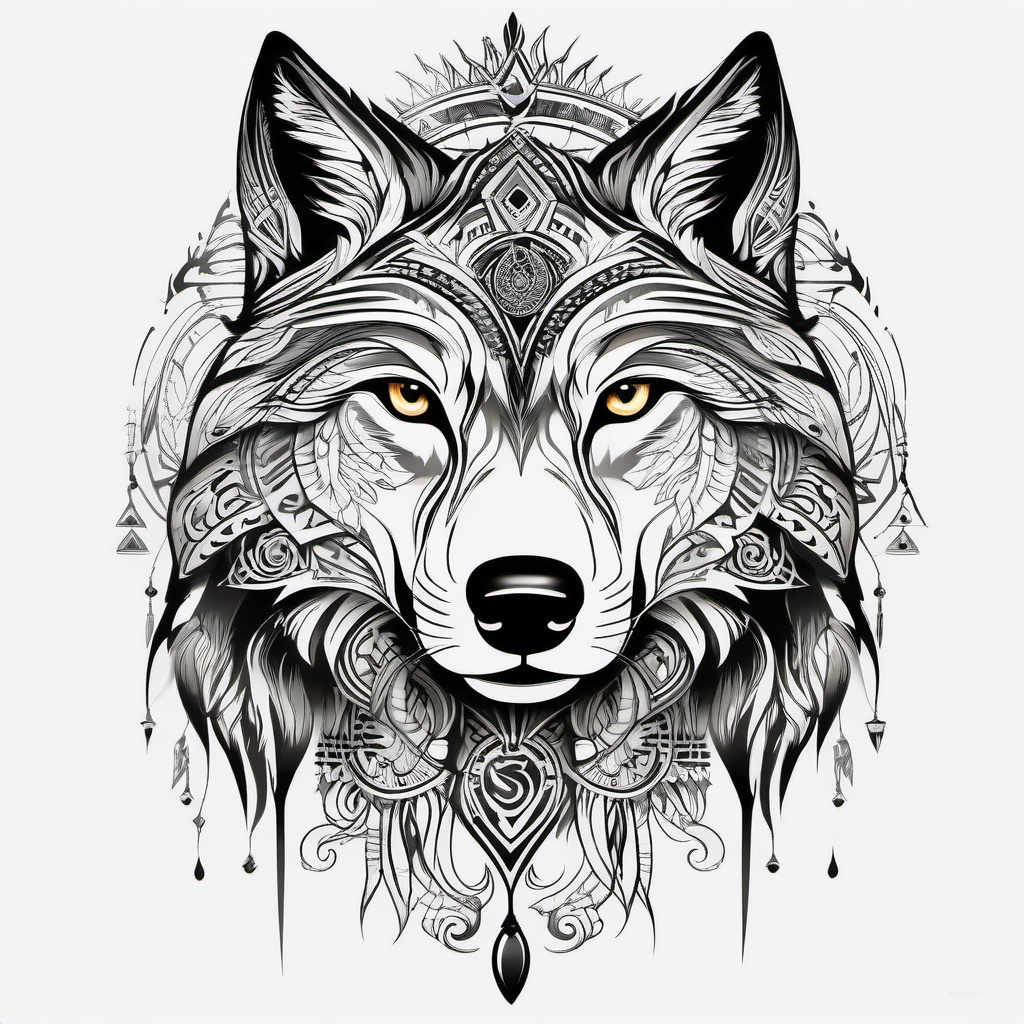 Tattoo Tribal Wolf,tribal masterpiece, where the wolf's spirit harmonizes with ancient symbols, story etched in ink. , tattoo design, white clean background