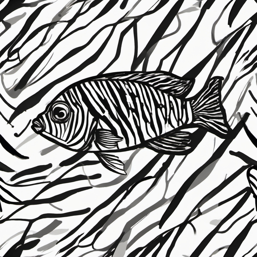 drawing of zebra fish  minimal rough sketch scribbles,doodles,black and white