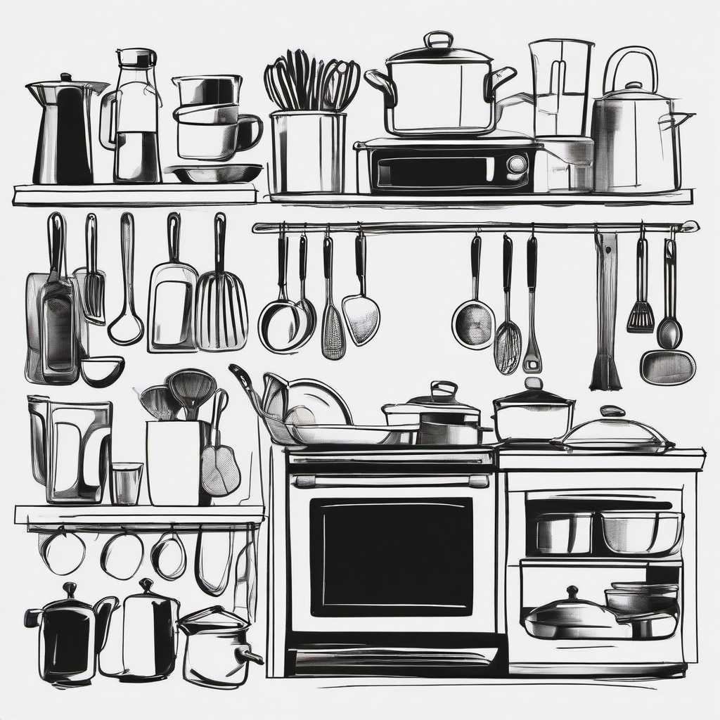 drawing of household things in the kitchen  minimal rough sketch scribbles,doodles,black and white