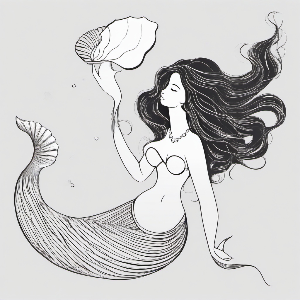 drawing of a mermaid with a seashell  minimal rough sketch scribbles,doodles,black and white