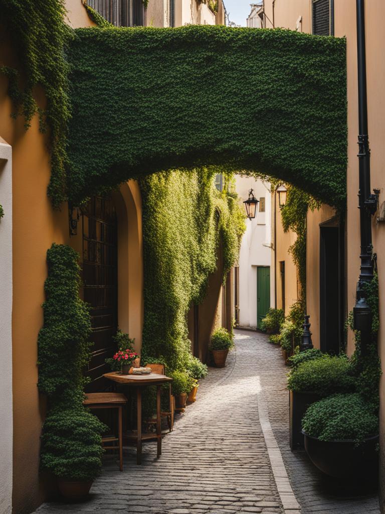 wander through a picturesque alleyway adorned with ivy-covered walls and vintage lampposts. 