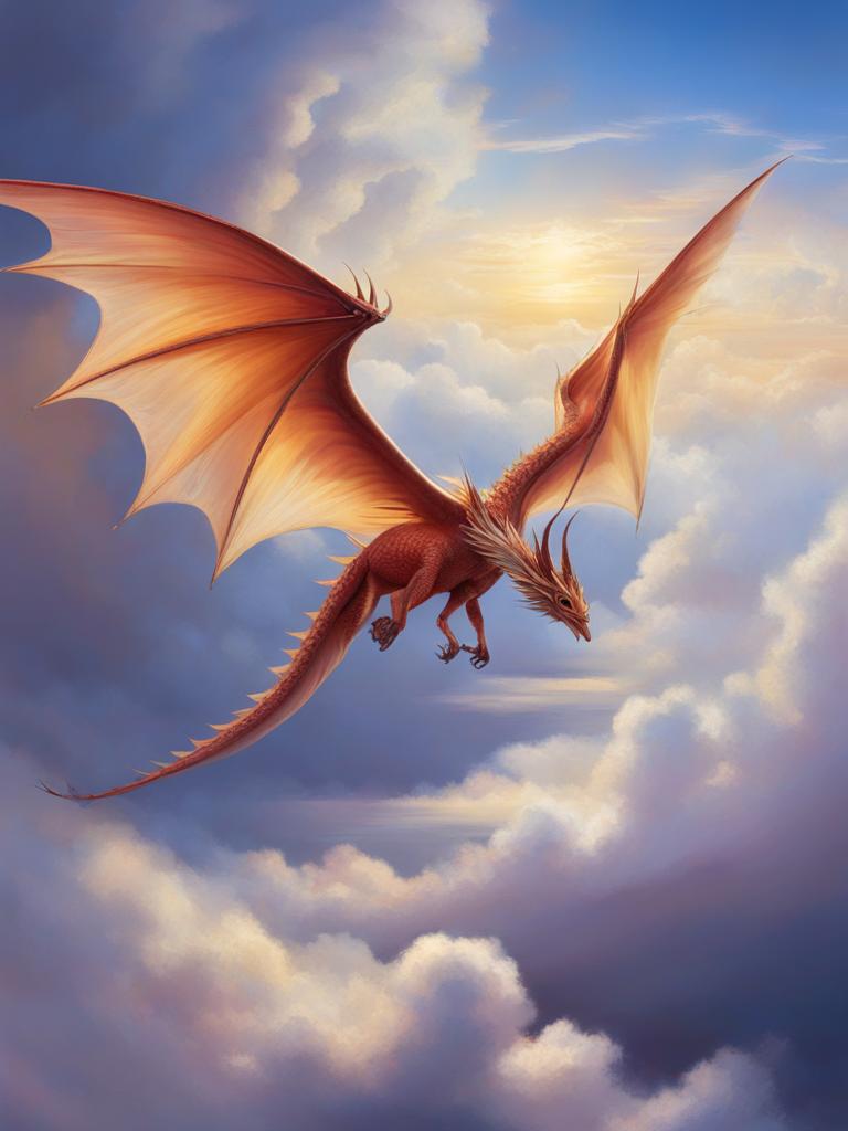 sky dragon gliding gracefully amidst the clouds, its iridescent wings catching the sunlight as it soars. 