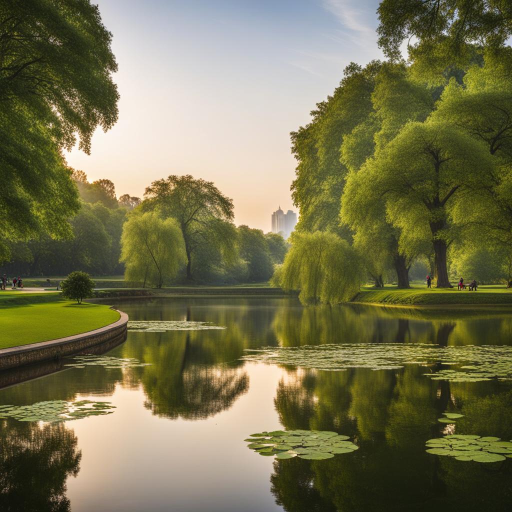 city park, a tranquil oasis within a bustling metropolis, with greenery and ponds. 