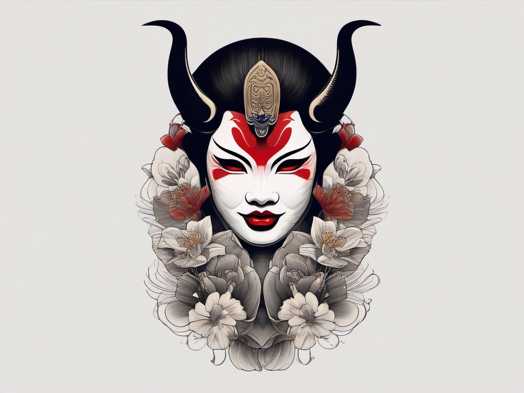 hannya mask and geisha tattoo  simple color tattoo,white background,minimal