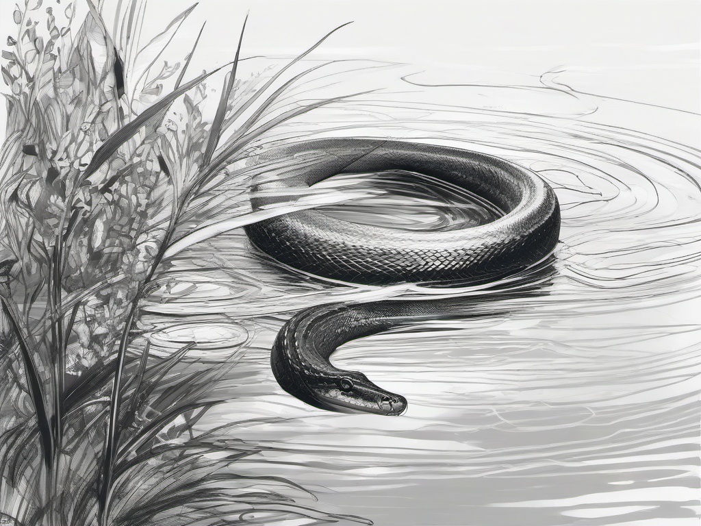 drawing of a snake in a water setting  minimal rough sketch scribbles,doodles,black and white