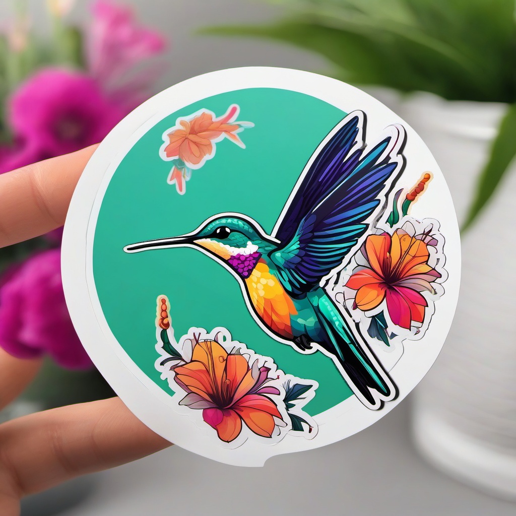 Hummingbird Sticker - A vibrant hummingbird hovering near flowers. ,vector color sticker art,minimal