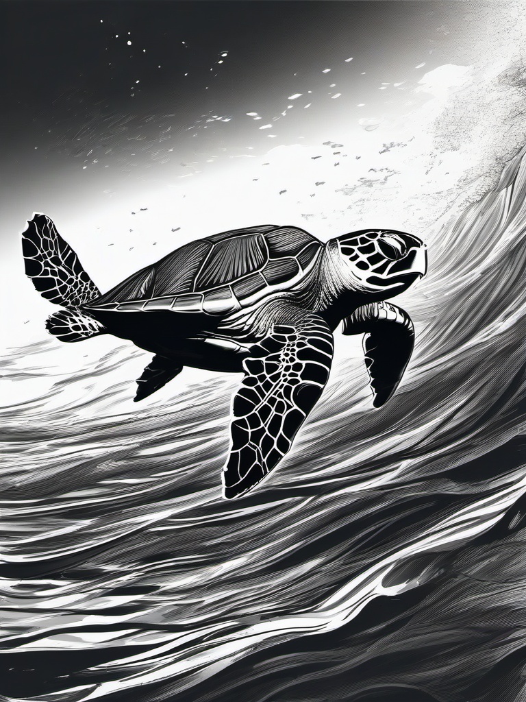 drawing of a sea turtle in the ocean  minimal rough sketch scribbles,doodles,black and white