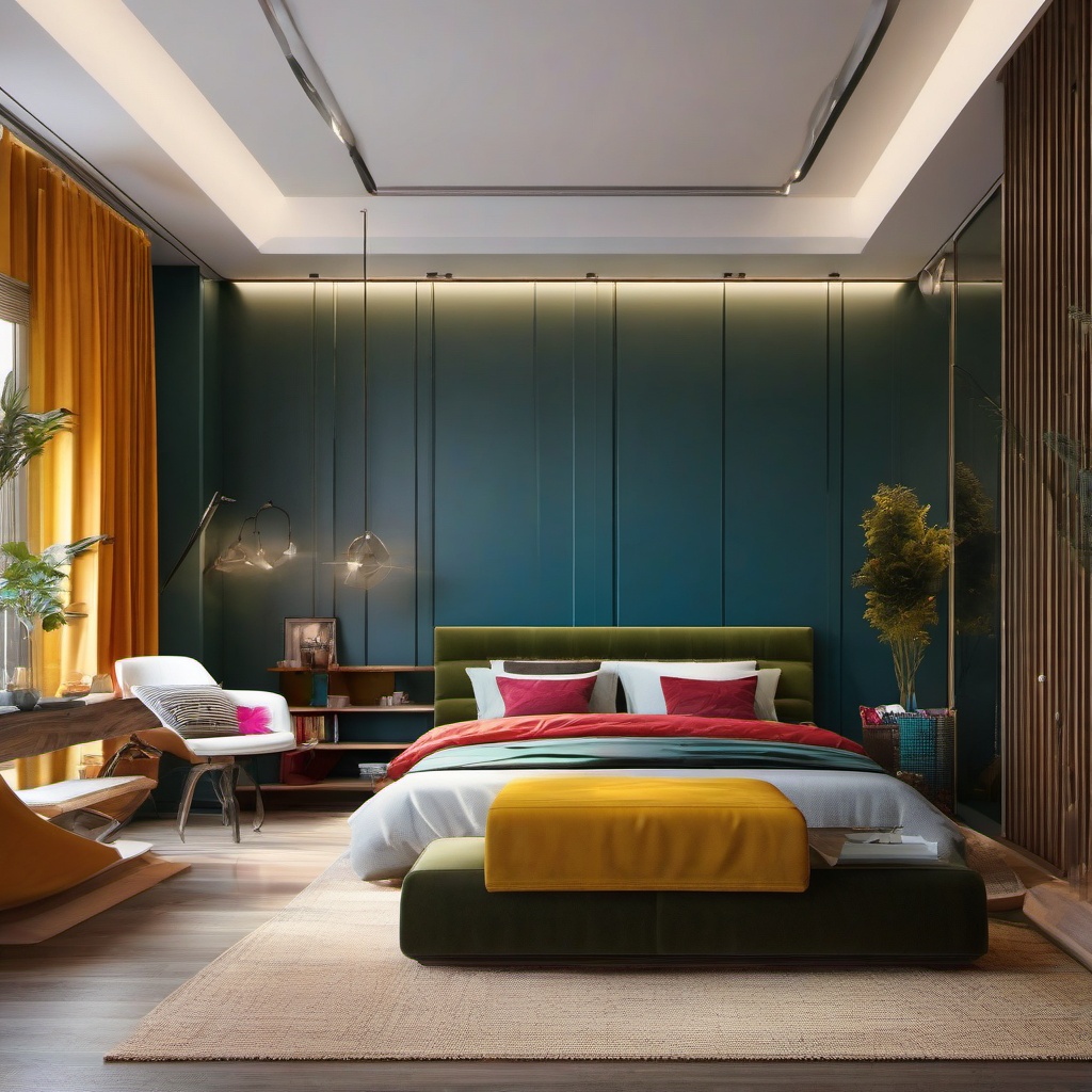 Artistic Gallery Bedroom - Create a bedroom with an artistic gallery space for creativity. , bedroom interior decor design ideas, multicoloured, photo realistic, hyper detail, high resolution,