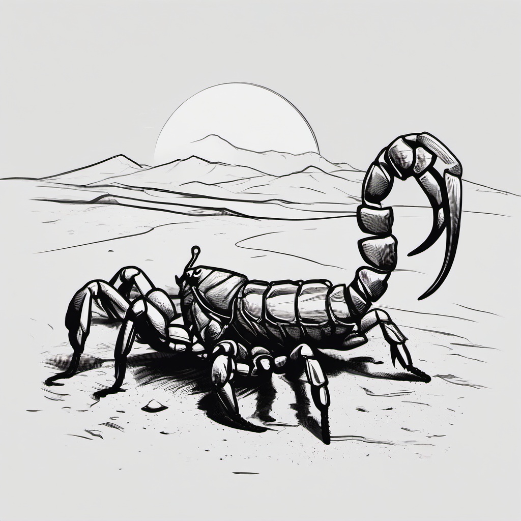 drawing of a scorpion in the desert  minimal rough sketch scribbles,doodles,black and white