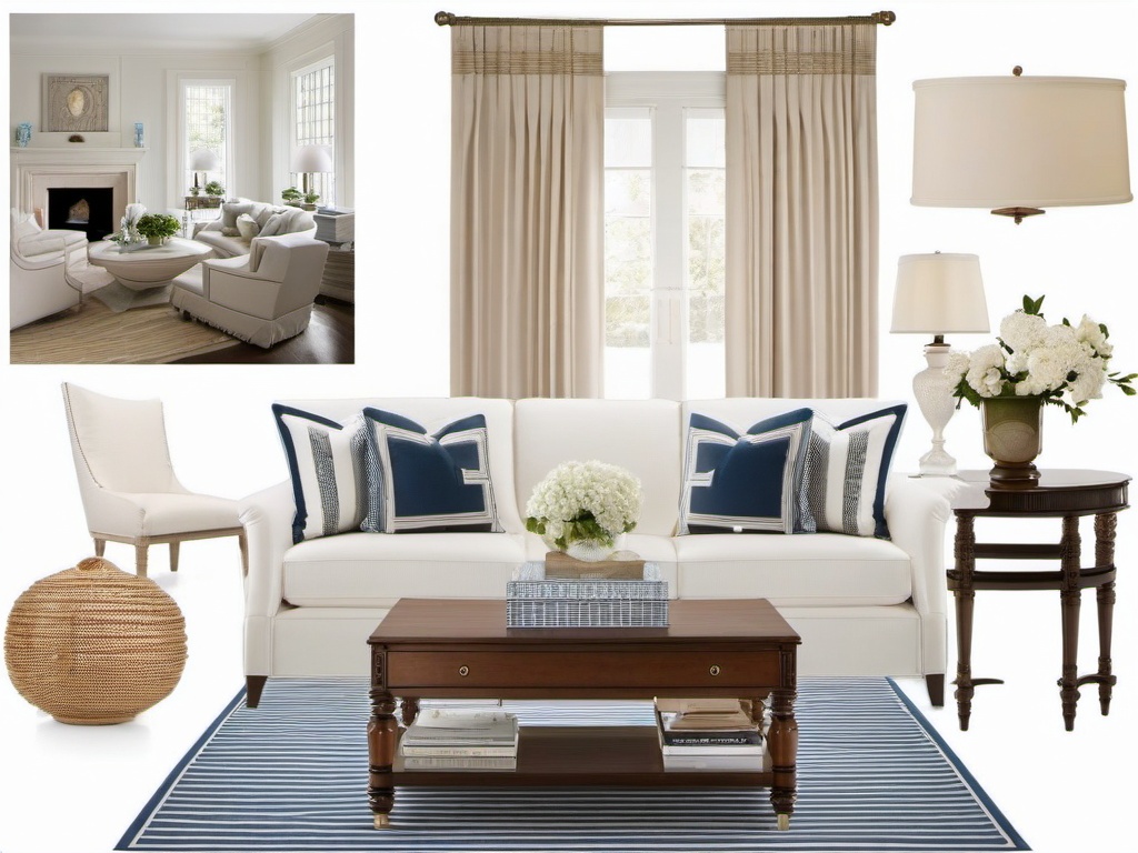 Greek Revival living room features simple elegance with white furnishings, classic accents, and a serene color palette that evokes a timeless atmosphere.  