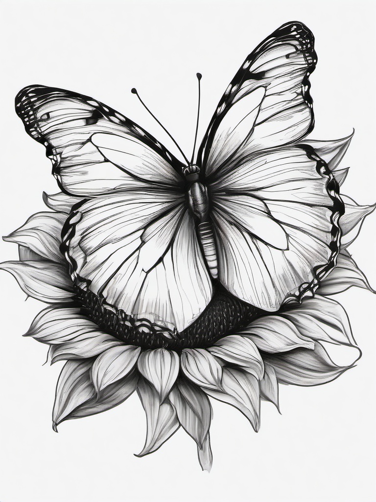 drawing of a butterfly resting on a sunflower  minimal rough sketch scribbles,doodles,black and white