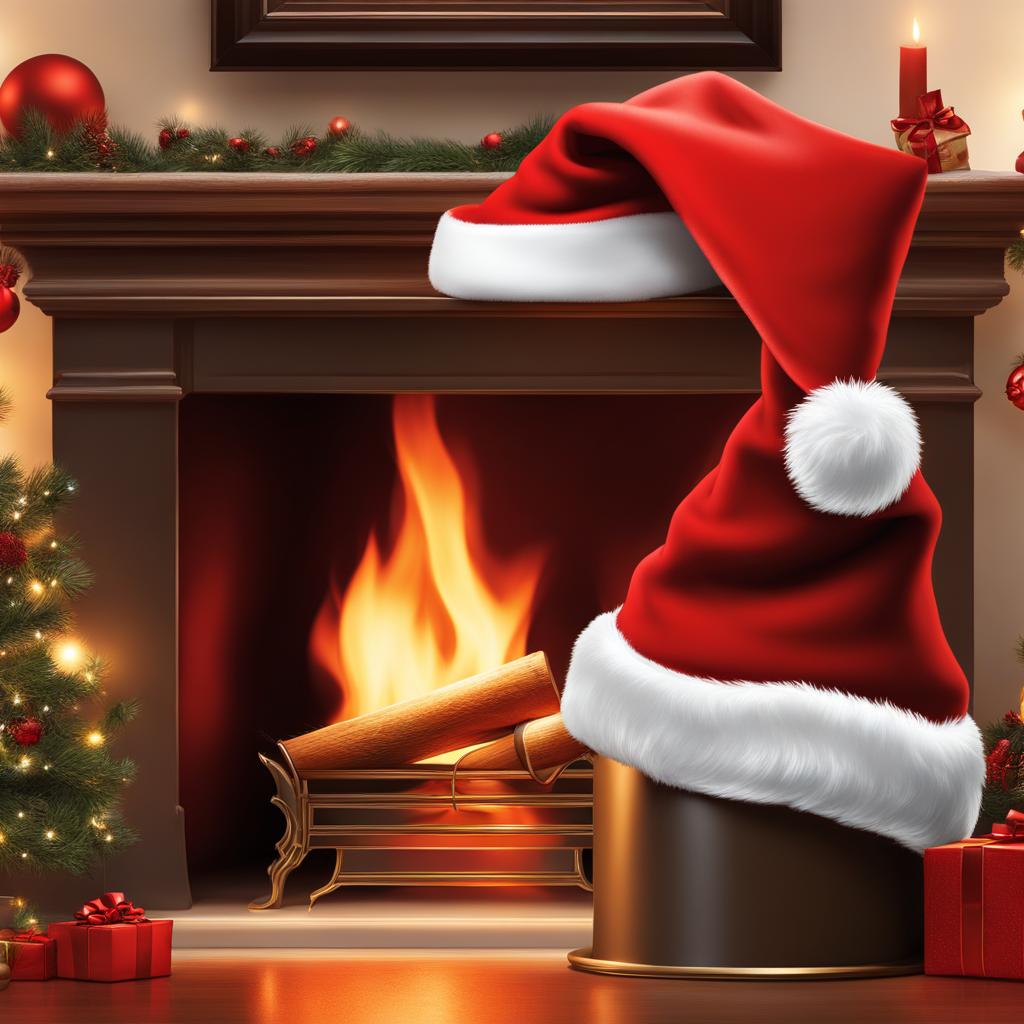 santa hat clipart - santa's iconic red hat, crowned with snowy fluff, perched by a roaring fireplace 