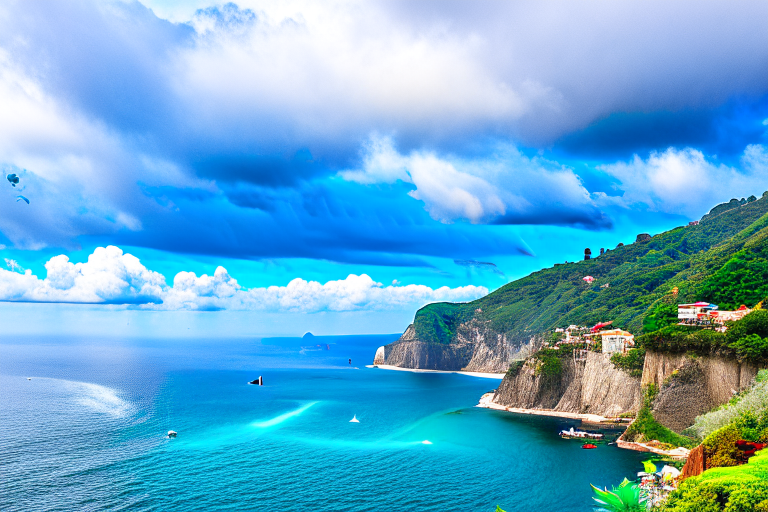 celaeno harpies swooping down from stormy clouds over the picturesque coastline of cinque terre, italy. 