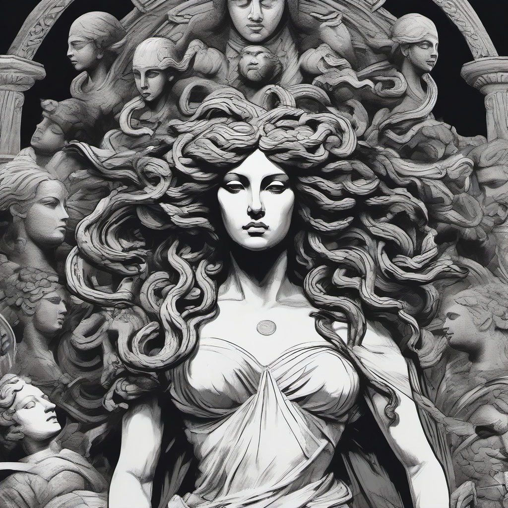 drawing of Medusa surrounded by petrified statues  minimal rough sketch scribbles,doodles,black and white