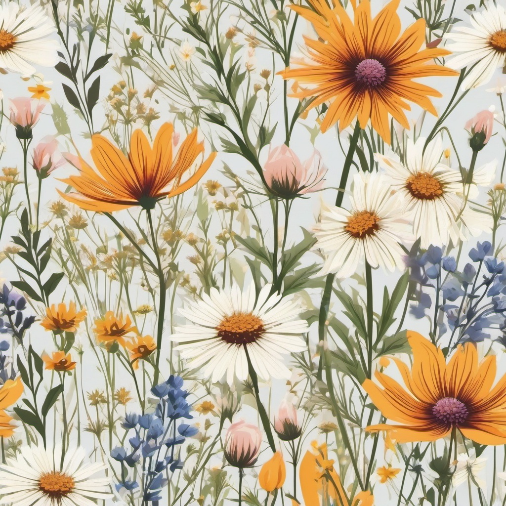 Floral Background - Blooming Wildflowers in the Meadow  wallpaper style, intricate details, patterns, splash art, light colors