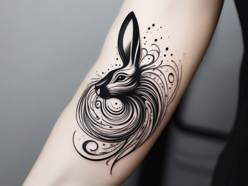 Energetic rabbit swirls tattoo. Spiraling essence of enchantment.  minimalist black white tattoo style