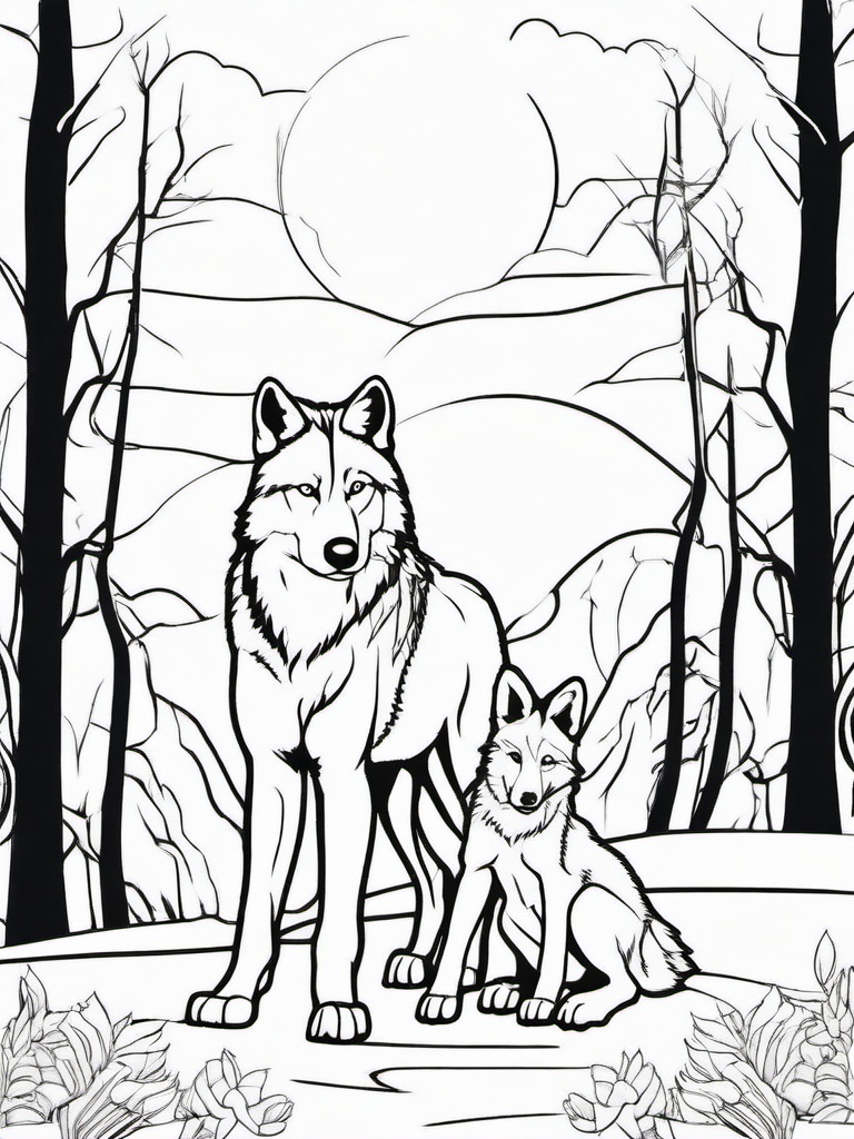 Wolf with Cub Coloring Pages - Protective Wolf Mother with Her Cub  minimal black outline printable sheet, coloring page