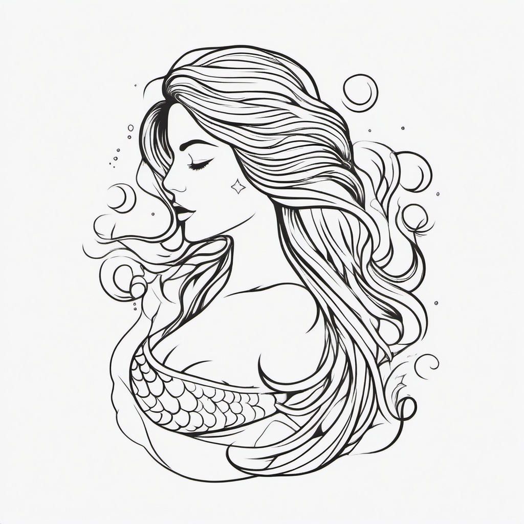 Mermaid Outline Tattoo - Keep it simple yet impactful with an outline-style mermaid tattoo design.  simple vector color tattoo,minimal,white background