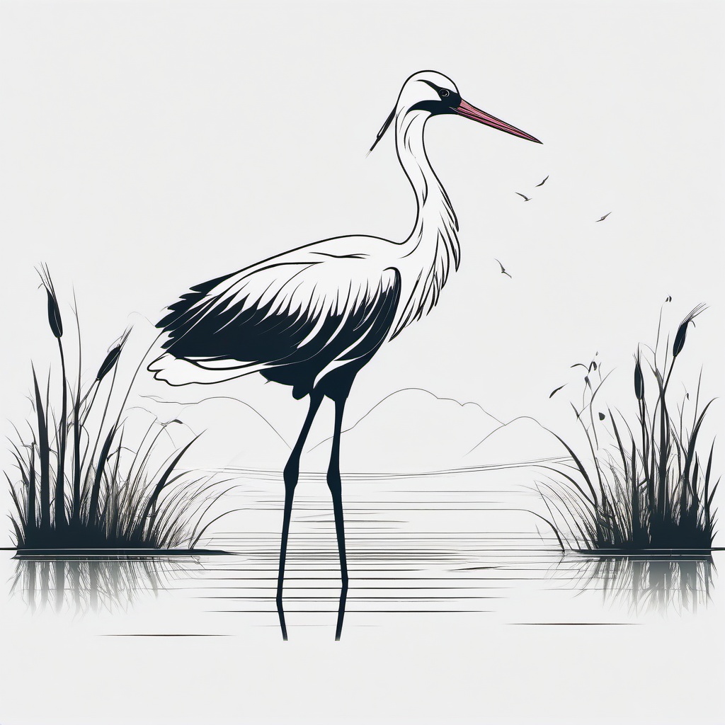 Stork Tattoo - Stork standing on one leg in a grassy wetland  few color tattoo design, simple line art, design clean white background