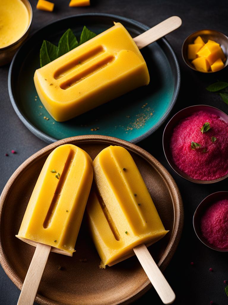 mango kulfi popsicles, an indian street food, savored at a lively holi festival. 