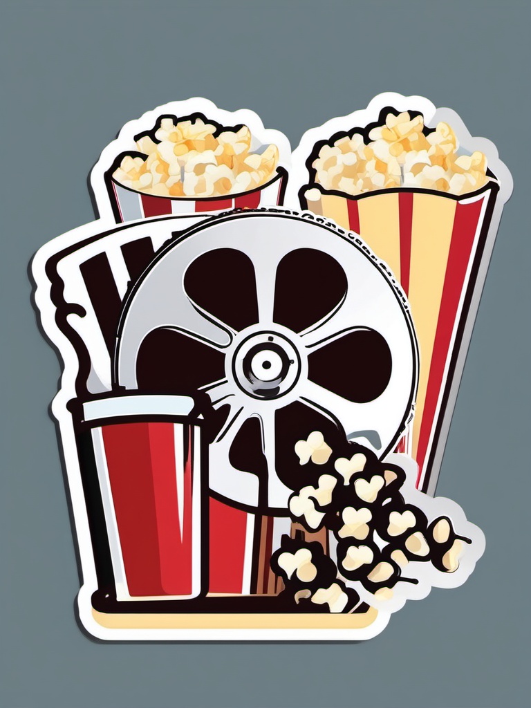 Film reel and popcorn sticker, Cinematic , sticker vector art, minimalist design