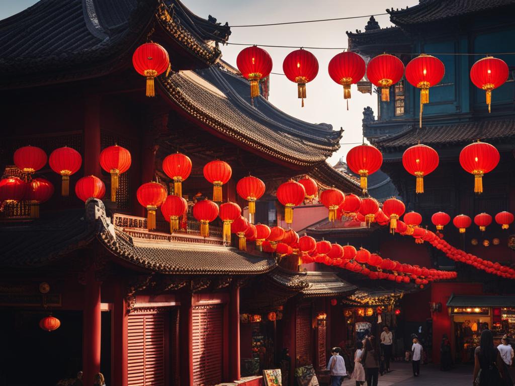 venture into a bustling chinatown, with colorful lanterns and vibrant street markets. 