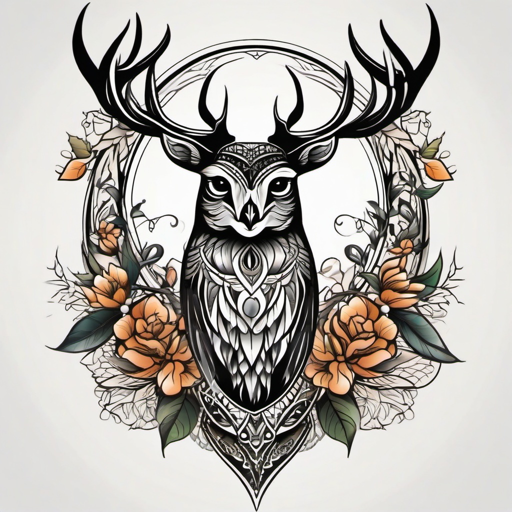 Deer and Owl Tattoo - Merge the elegance of deer with the wisdom of an owl in a unique tattoo.  simple color tattoo,vector style,white background