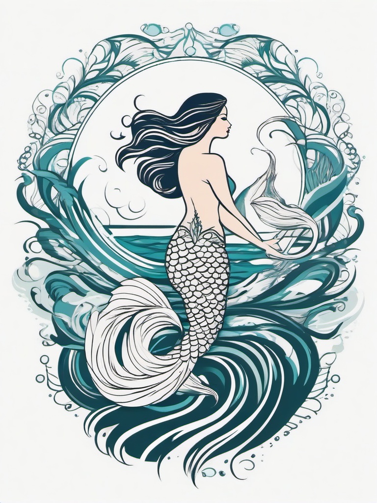 Swimming Mermaid Tattoo - Capture the grace and elegance of a mermaid in motion with a swimming mermaid tattoo.  simple vector color tattoo,minimal,white background