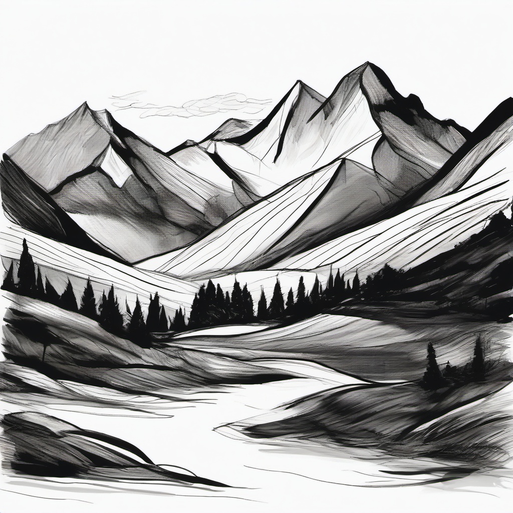 drawing of a mountain landscape  minimal rough sketch scribbles,doodles,black and white