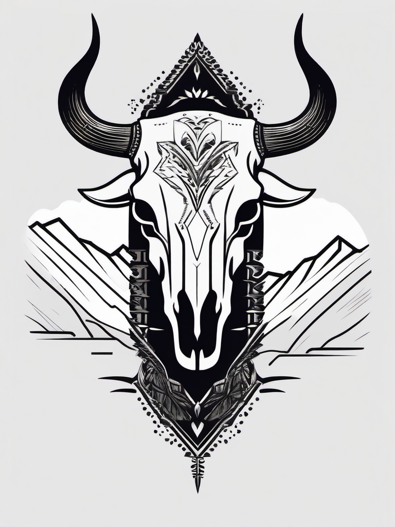 Bull skull in a desert landscape tattoo. Icon of the untamed.  minimalist black white tattoo style