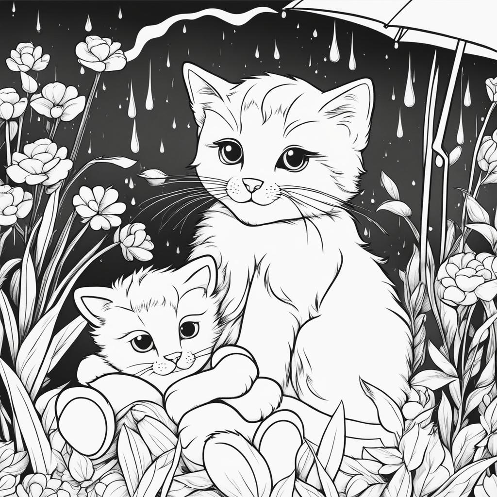 cat coloring pages - a cat cuddles with a teddy bear on a rainy day. 