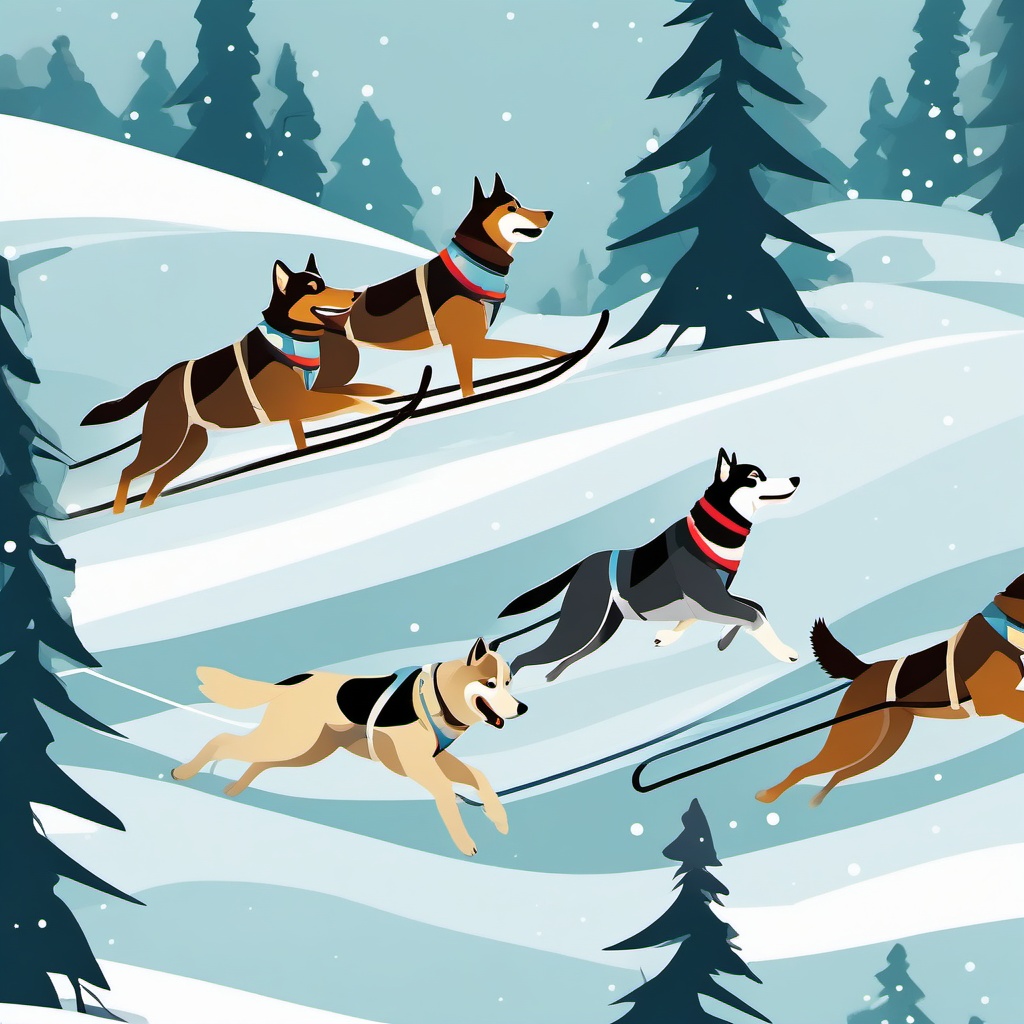 Dog Sled Clipart - A team of sled dogs racing through the snow.  color vector clipart, minimal style