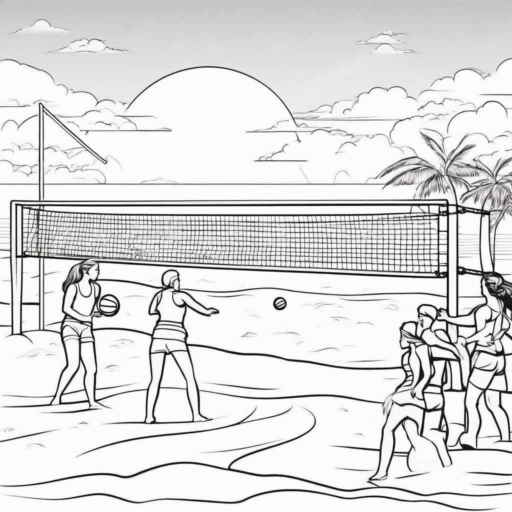 Summer Coloring Pages - Group of friends playing beach volleyball under the sun  simple coloring pages